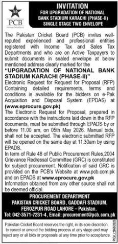 INVITATION FOR UPGRADATION OF NATIONAL BANK STADIUM KARACHI (PHASE-II) SINGLE STAGE TWO ENVELOPE - Pakistan Cricket Board (PCB)